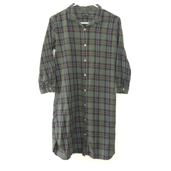 Zara Dresses & Skirts - Zara Womens 3/4 Sleeve Button Front Collared Plaid Dress Green S Small